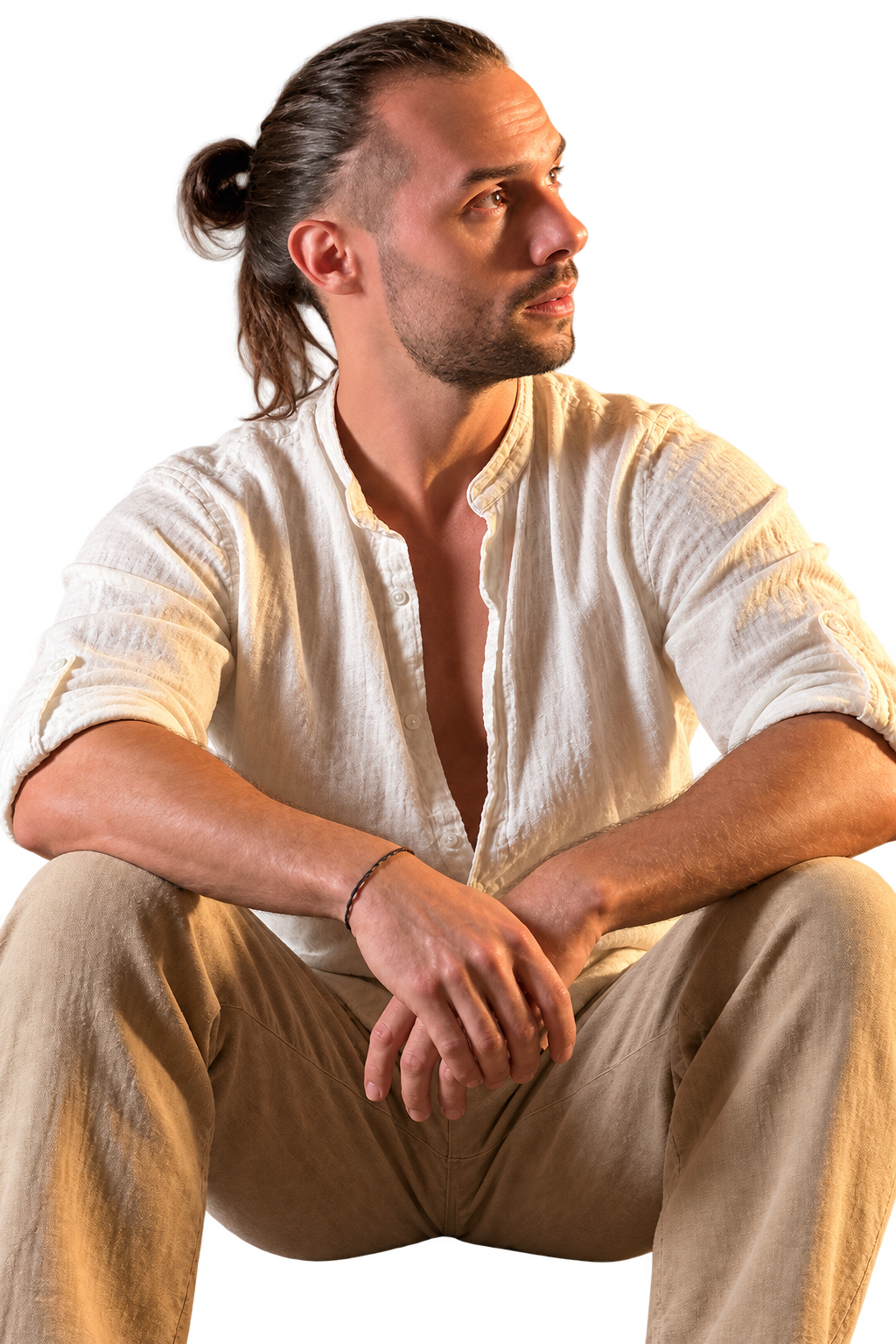 Fabio Pepino, seated, looking toward his story